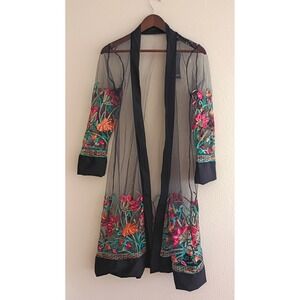 LIV LOS ANGELES Embroidered Mesh Floral Sheer Kimono Duster Cardigan Black L